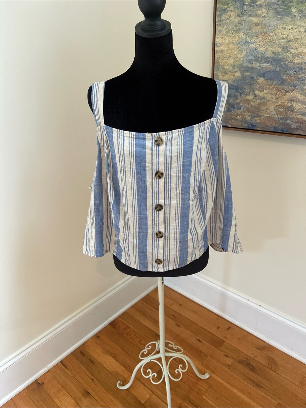 Torrid Womens size 5X Linen Blend Tank Top Blue Striped Button Front Crop NWT